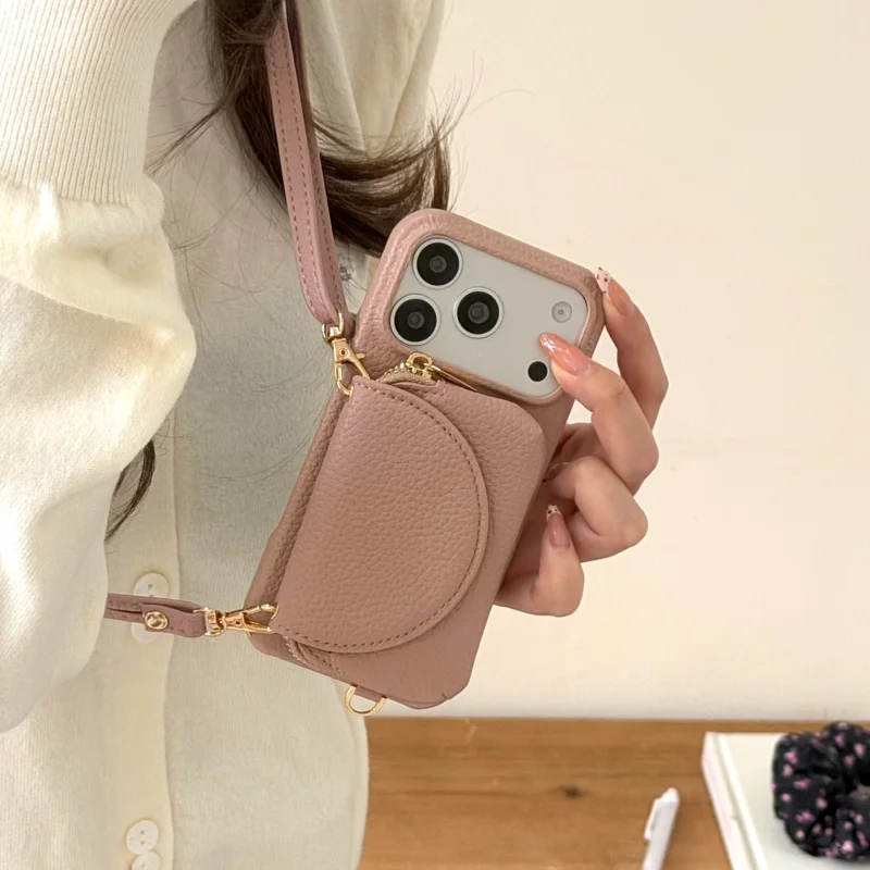 For iPhone 17 Pro Max Case Air Protective Shell Back Cover Fashion Leather Skin Card Coin Bag Texture With Lanyard