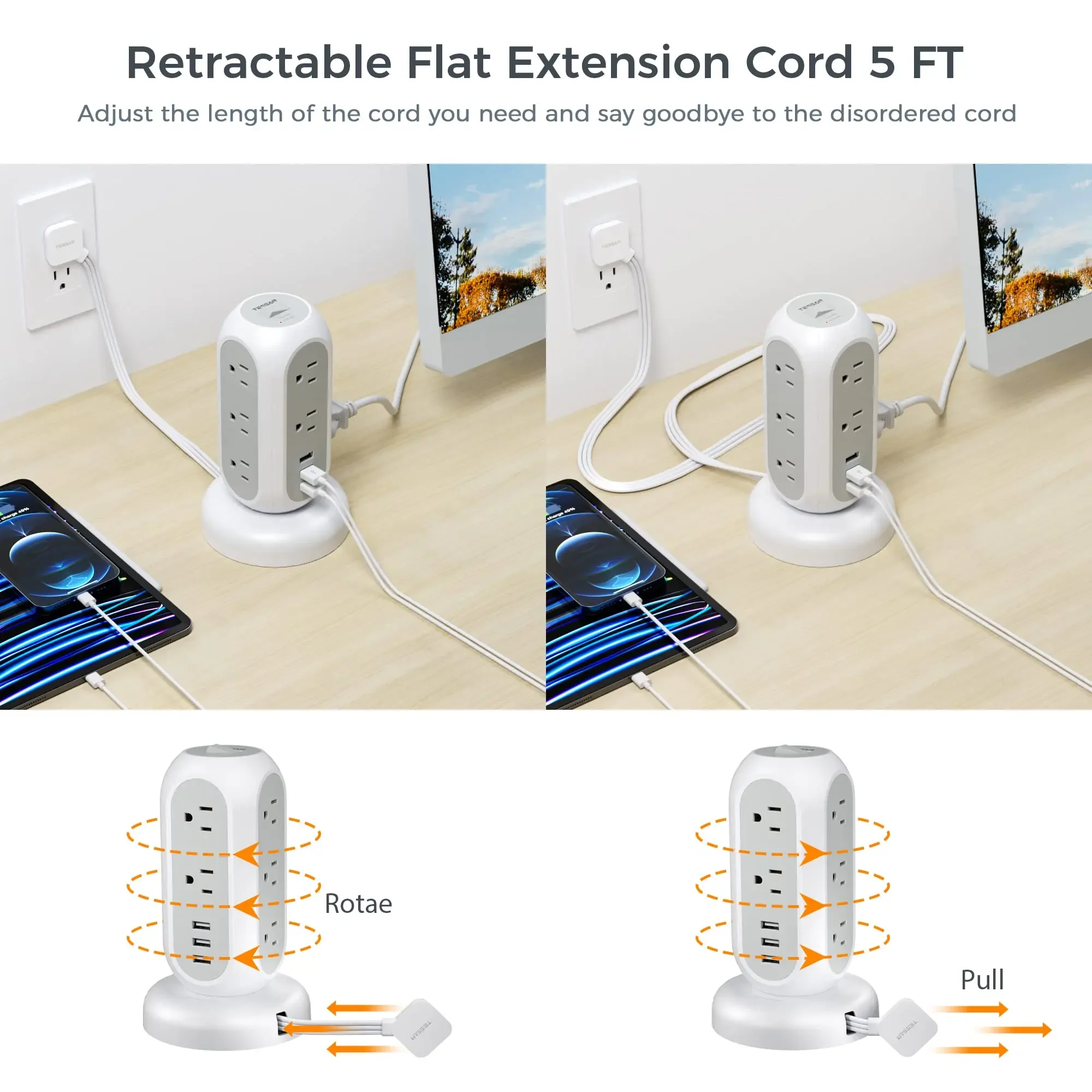 TESSAN Flat Plug Power Strip Tower with 8 AC Outlets & 4 USB Ports, Ultra Thin Retractable Extension Cord 5 FT for Home Office