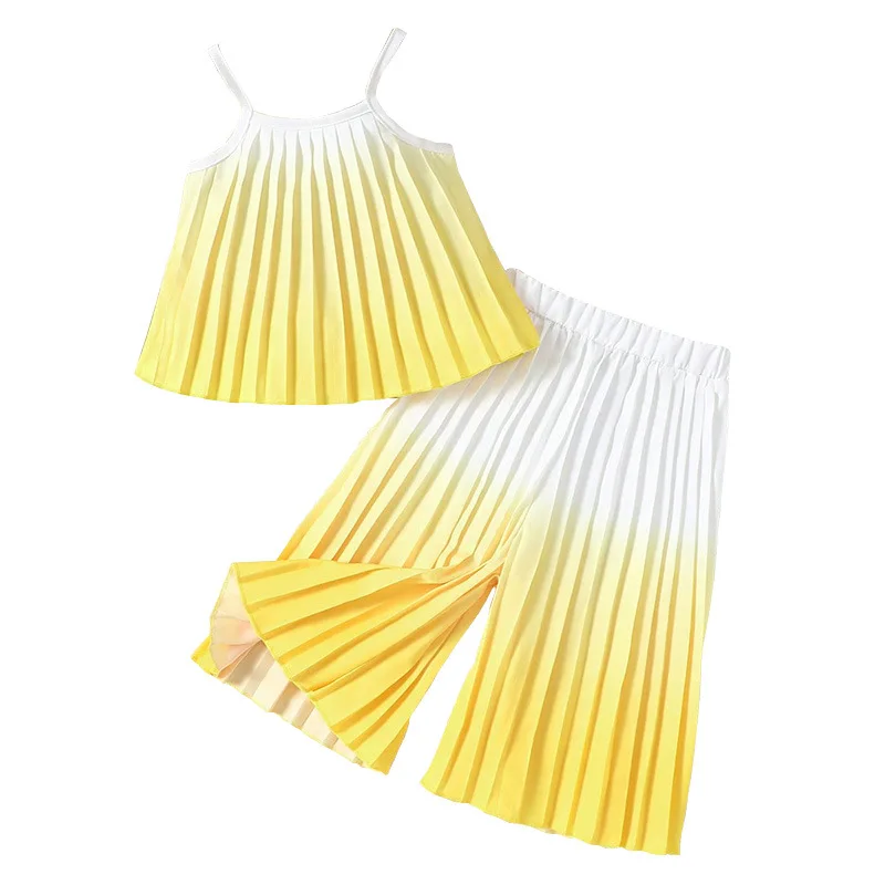 Gradient Yellow Girls Sets 2025 New Summer Sleeveless Suspender + Wide Leg Pants Suit Pleated Sling Children's Clothing