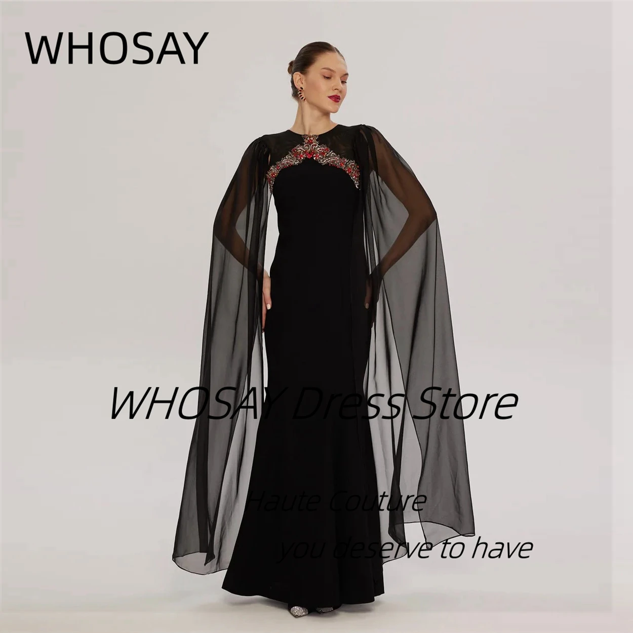 Whosay preto vestidos de baile o-pescoço frisado personalizado vestido de festa à noite com mangas esvoaçantes robe de soiree