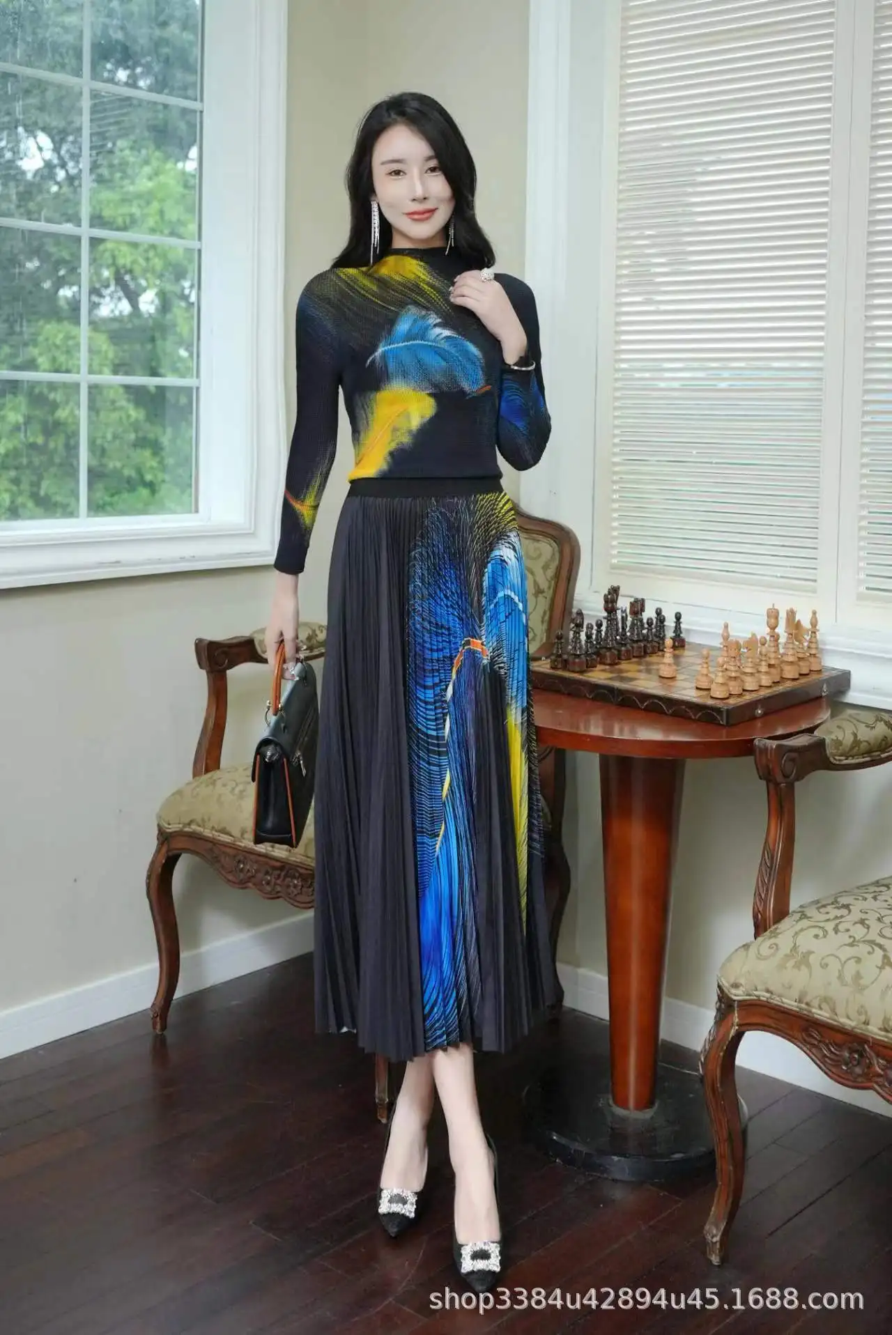 

2022 Miyake Fold Autumn New High-end Temperament Retro Two-piece Long Sleeve Top+Skirt Set Fashion Foreign Style