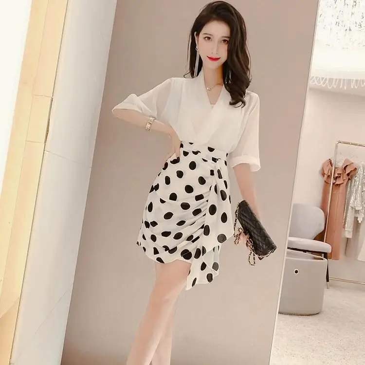 Goddess Style Two-piece High-waisted Polka Dot Irregular Skirt Women's Mesh Red Temperament V-neck Chiffon Top Set