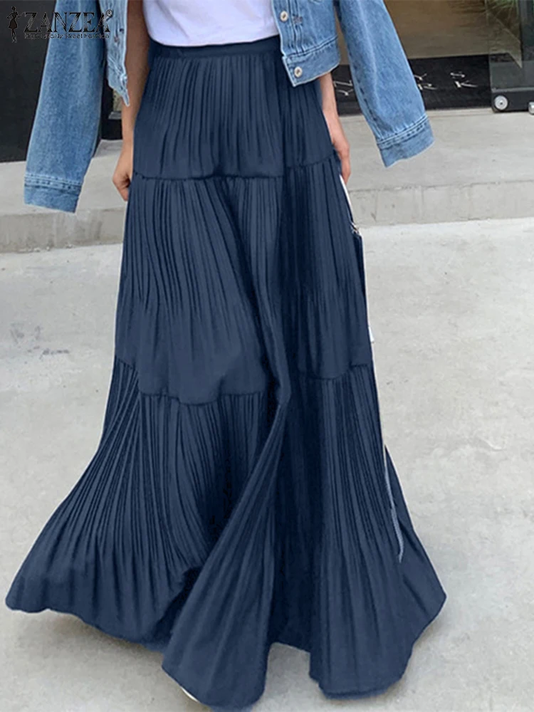 

Women Pleated Skirts ZANZEA 2025 Oversized Summer Elastic Waist Long Skirt Casual Solid Color High Waist Ruffled Maxi Skirts
