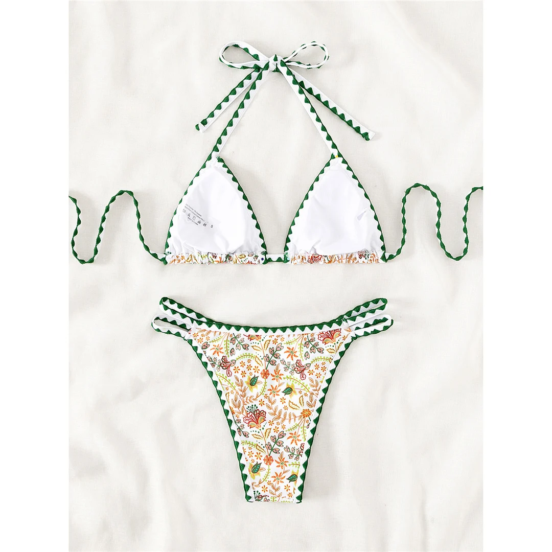 Sexy, mit Blumenmuster versehener, halterneckiger, brasilianischer Bikini, Damen-Badeanzug, zweiteiliges Bikini-Set, Badebekleidung, Badeanzug, Modell V4997. – Detail 11