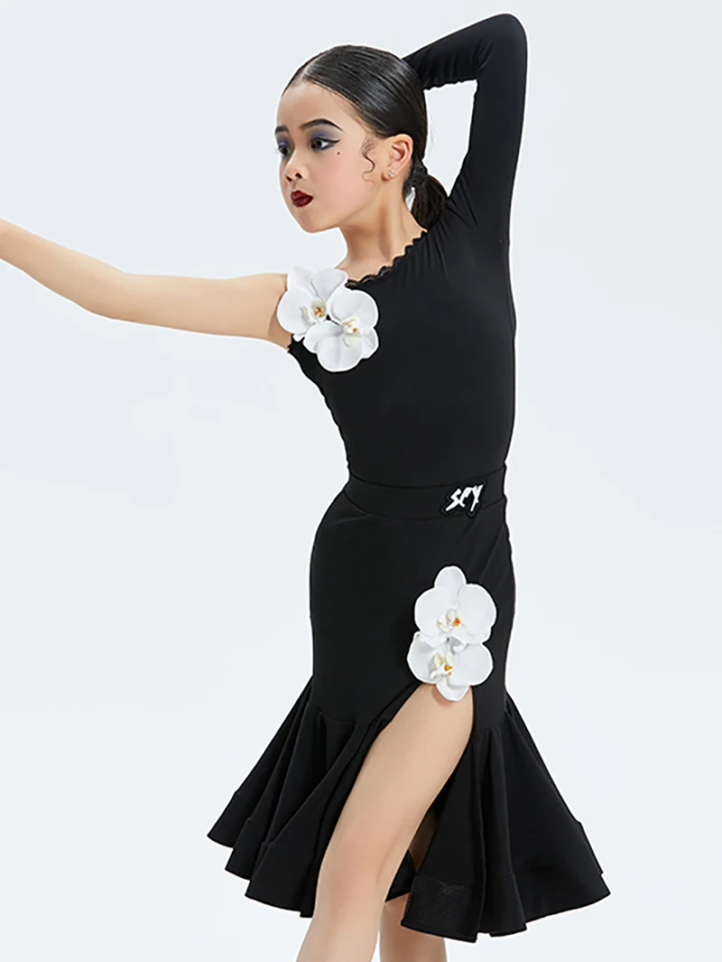 Kinder Meisjes Latin Dance Dress Bloem Bodysuit Grote Rok Zoom Ballroom Rumba Dancewear Training Chacha Performance Kostuums