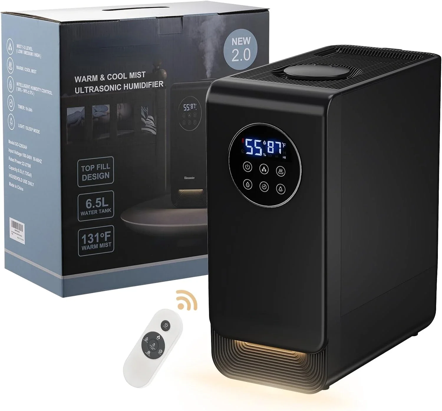 

New 2.0 Warm and Cool 6.5L Top Fill Smart Humidifier for Large Bedroom Room - With Light and Remove Control, Quiet and Efficient