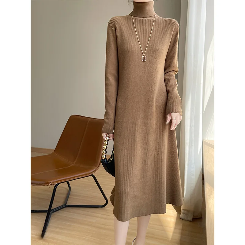 Autumn And Winter Solid Color Medium Long Knitted Dress Women's High Neck Loose Sweater Pullover Long Sleeved Knitted Skirt