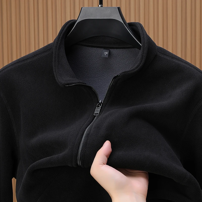 

Velvet warm zipper cardigan top for autumn and winter new men's long sleeves coat exquisite solid color stand up collar jacket