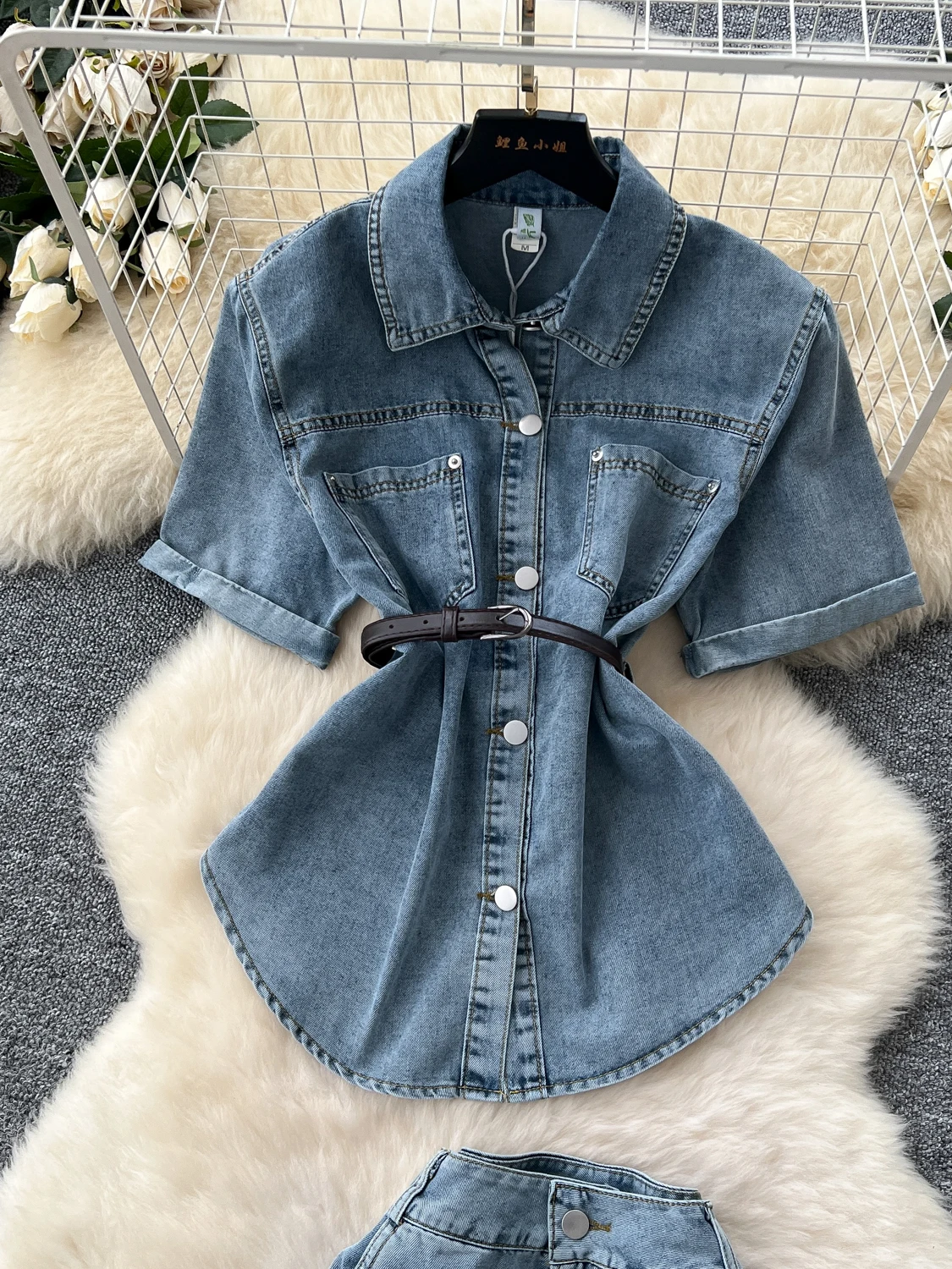 ハイウエストスリットデニムスカートと半袖トップス レディースファッションセット サマーツーピース outfits ボディコンミニドレス カジュアルウェア