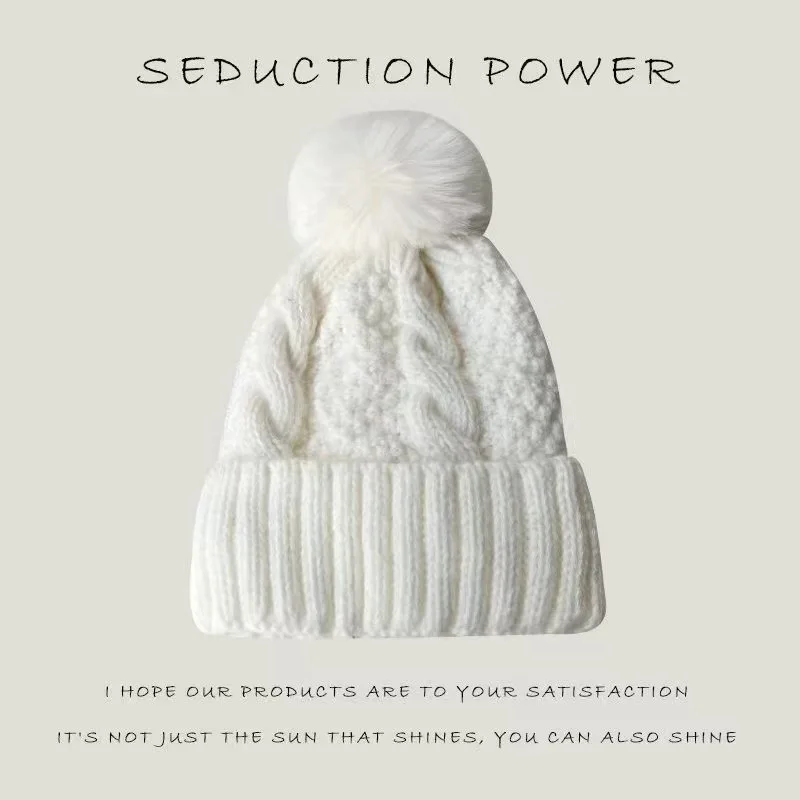 Women's Warm Knitted Hat with Large Pom Pom, Solid Color, Versatile, Lined and Thickened Woolen Cap for Autumn and Winter