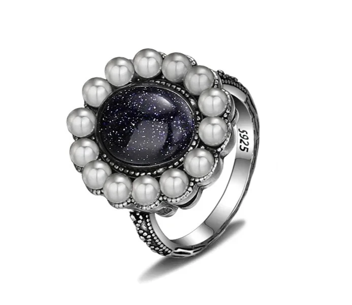 

10*12MM Natural Blue Sandstone Ring Starry Sky Blue Goldstone Ring Pearl Surround Antique Silver Jewelry Gift for Her Wholesale