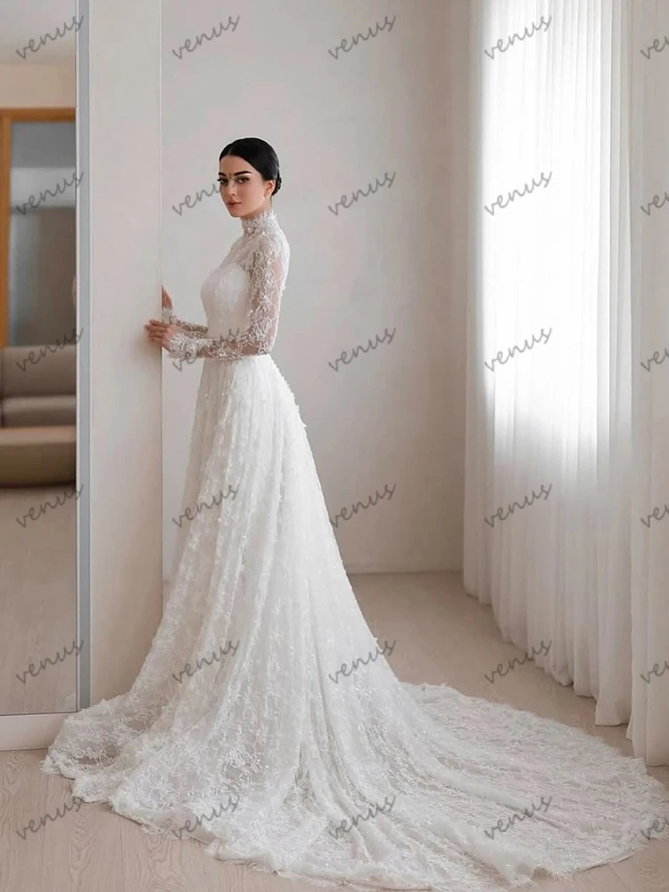 Splendidi abiti da sposa A Line Abiti da sposa Abiti a strati in pizzo per feste formali Maniche lunghe Abiti da sposa Personalizzati 2025