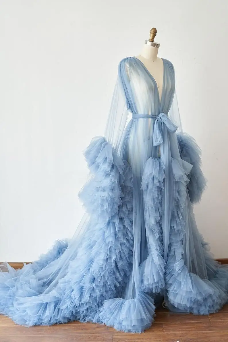 Hot Prom Dresses Bridal Fluffy Tulle Maternity Robes Sky Blue Women Photo Shoot Beach Birthday Party Bathrobe Sleepwear Custom