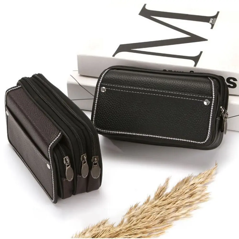 New PU Leather Man Belt Pouch Zipper 6.5inch Phone Case Universal Multiple Layers Phone Waist Bag Men's