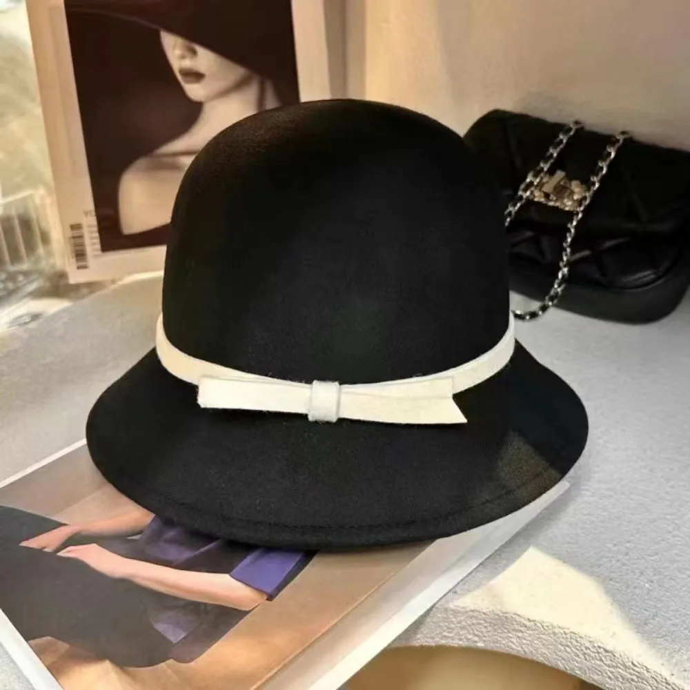 Vintage Hepburnesque Felt Formal Hat Wealthy Heiress Style Panama Cap Bowknot Bucket Hat British Style Girl