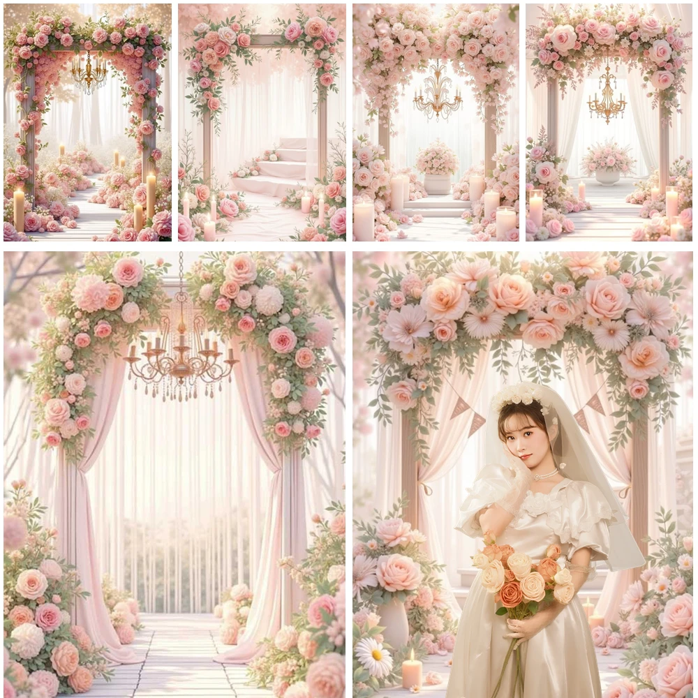 

MOON.QG Spring Pink Floral Candle Backgrounds For Photographs Chandelier Curtains Backdrop Birthday Accessories Photobooth