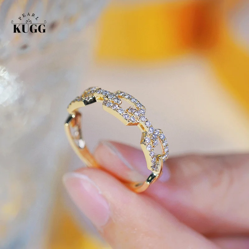 

KUGG 18K Yellow Gold Rings Fashion Chian Buckle Design 0.40carat Real Natural Diamond Engagement Ring for Women Party Jewelry