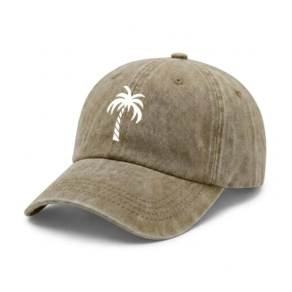 Vintage Washed Minimal Palm Tree Graphic Baseball Cap, Adjustable Unisex Dad Hat with Metal Buckle, Tropical Beach Vacation Gift