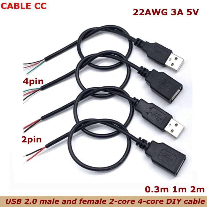 USB 2.0 Male Female Plug 2pin 4pin Bare Wire USB Power Data DIY  for USB Equipment Installed or Replacement Repair DIY Cable