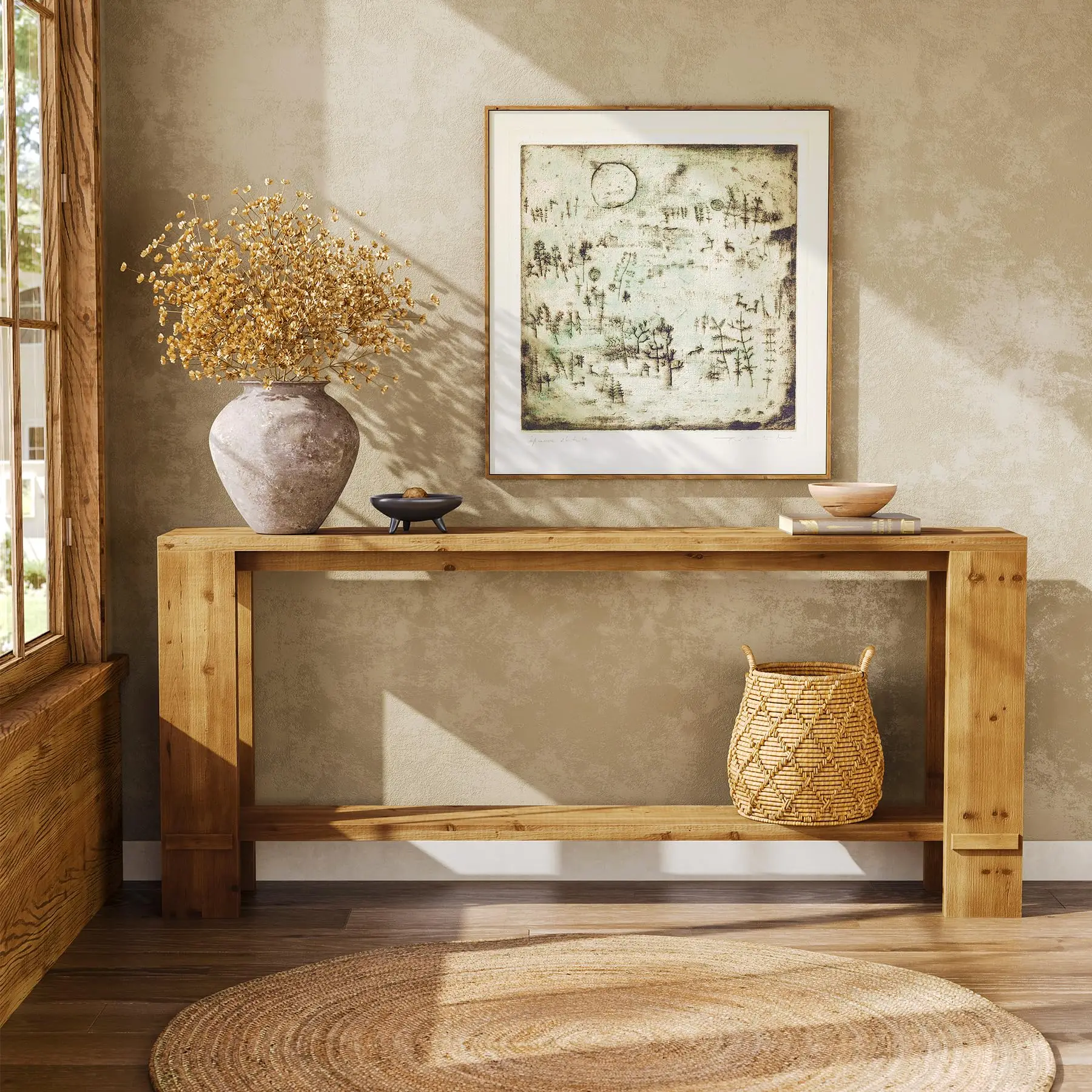# 70-Inch Solid Wood Console Table, Sofa Table for Behind Couch, 2-Tier Narrow Entryway Table for Living Room, Hallway