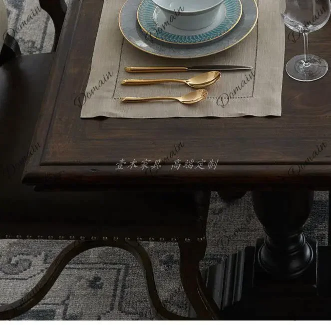 Zl MAmerican rural antique old-fashioned long dining table 2 meters six-person square dining table and chair combination Hook q