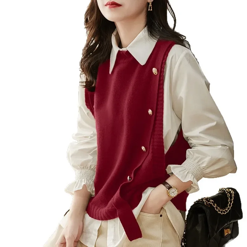 طقم قميص وسترة عصرية ملابس نسائية ربيعية باللون الأسود والأبيض قميص شبابي أنيق طقم قميص بولو بياقة كاملة #5