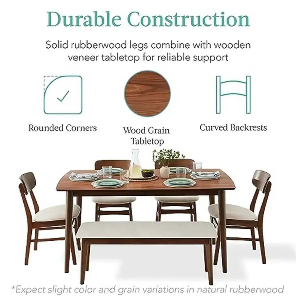 Dining Set Wooden Table Upholstered Chair Mid-Century Modern 6-Piece Kitchen Room Bench Seat ergonomically curved backrests