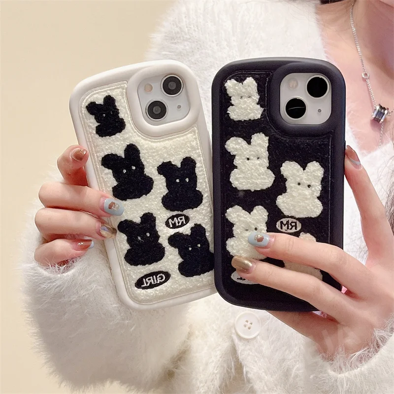 Cute Lovley Rabbit Embroidery Plush Phone Case For iPhone 15 14 13 12 Pro Max 14Pro 11 Soft Furry Cover Fashion Silicone Funda