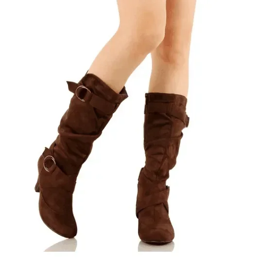 Damen Vintage Wildleder Kniestiefel mit Runder Zehenkappe und Stiletto-Absatz, Western-Cowboy-Stil, für den Alltag, Modische Wadenstiefel – Detail 7