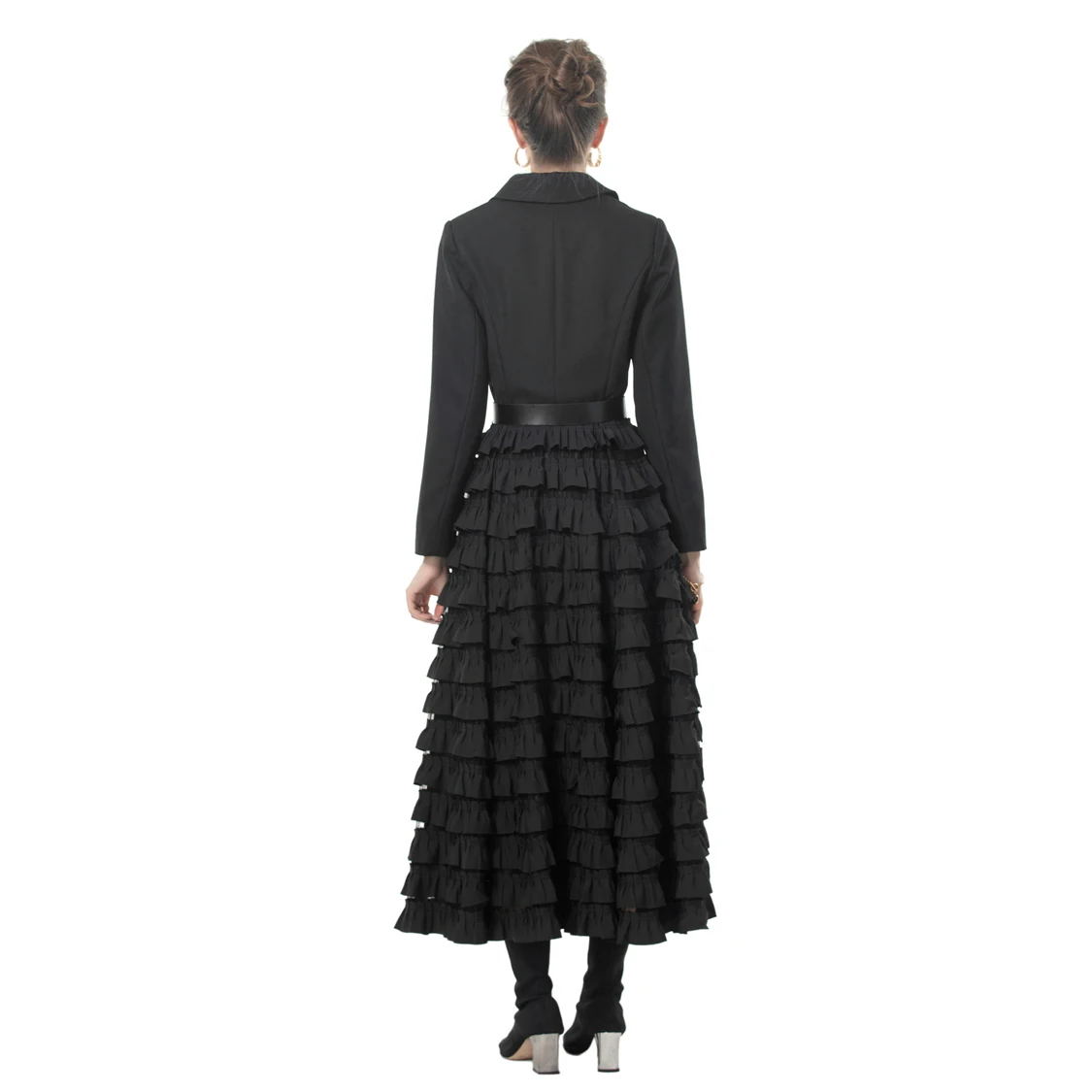 Vestidos trench femininos gola entalhada mangas compridas em camadas babados retalhos elegante moda vestido outerwear casaco