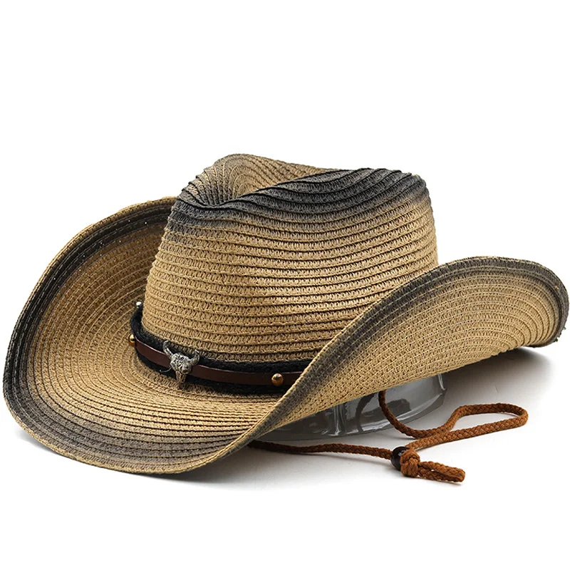 

Summer Cowboy Men Beach Hat Panama Cap Casual Trilby Fedora Hat Male Straw Hat UV Protection Wide Brim Sombrero