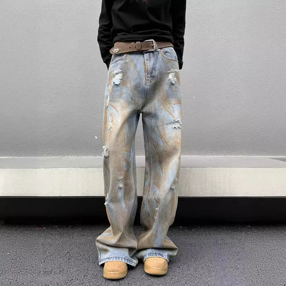 Spring and autumn tie-dye ripped jeans men and women straight tube American Japanese retro ruffian handsome casual hip-hop high