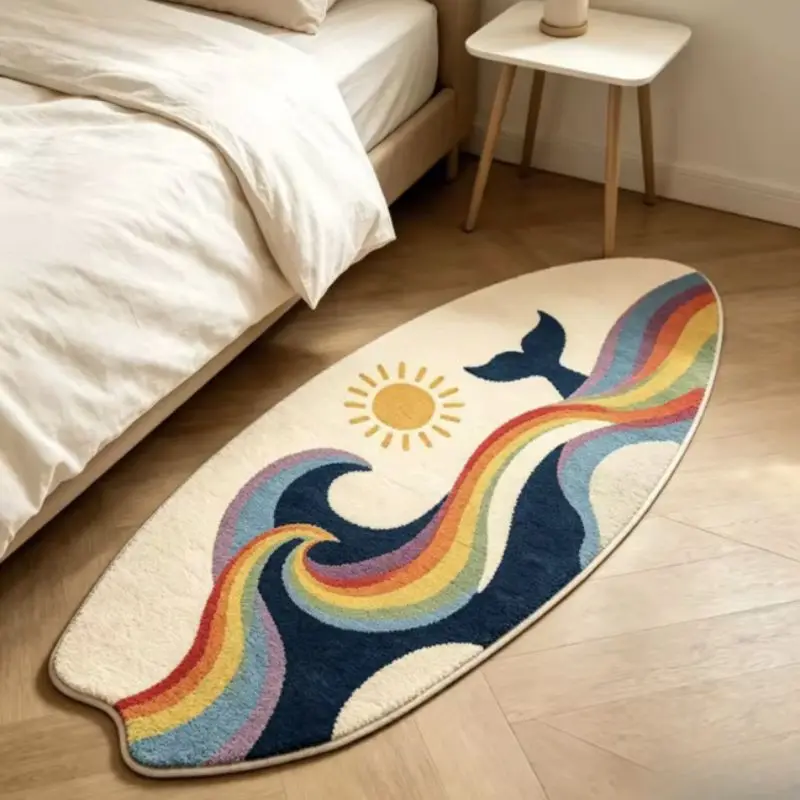 VIKAMA Surfboard Shaped Area Rug Rainbow Ocean Wave Whale Tail Sun Print Non‑Slip Soft Floor Mat for Bedroom Home Decor