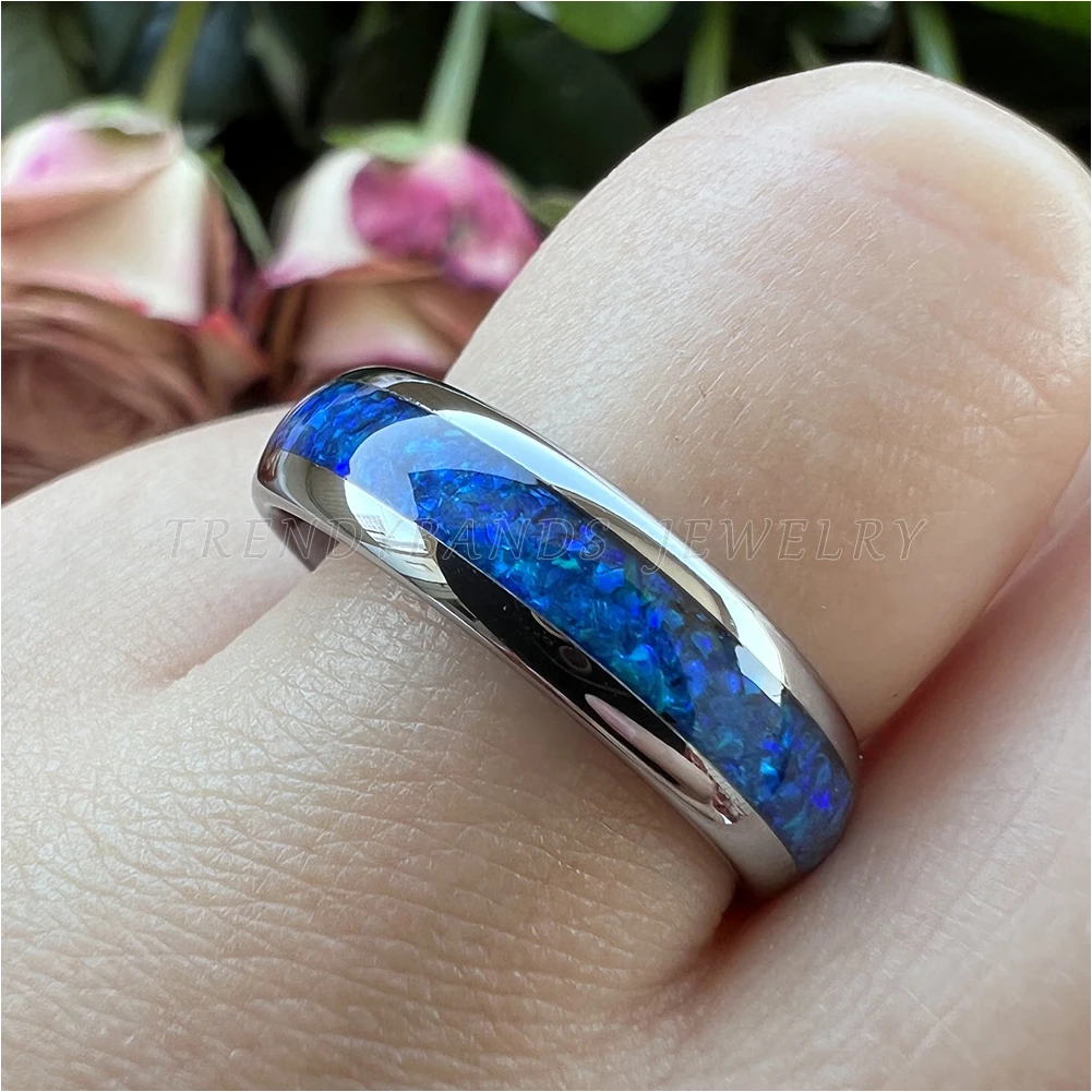 6 mm 8 mm Ringe für Männer und Frauen, Wolfram-Ehering, Modeschmuck, blaue Opal-Inlay, gewölbt, poliert, glänzend, bequeme Passform – Detail 25