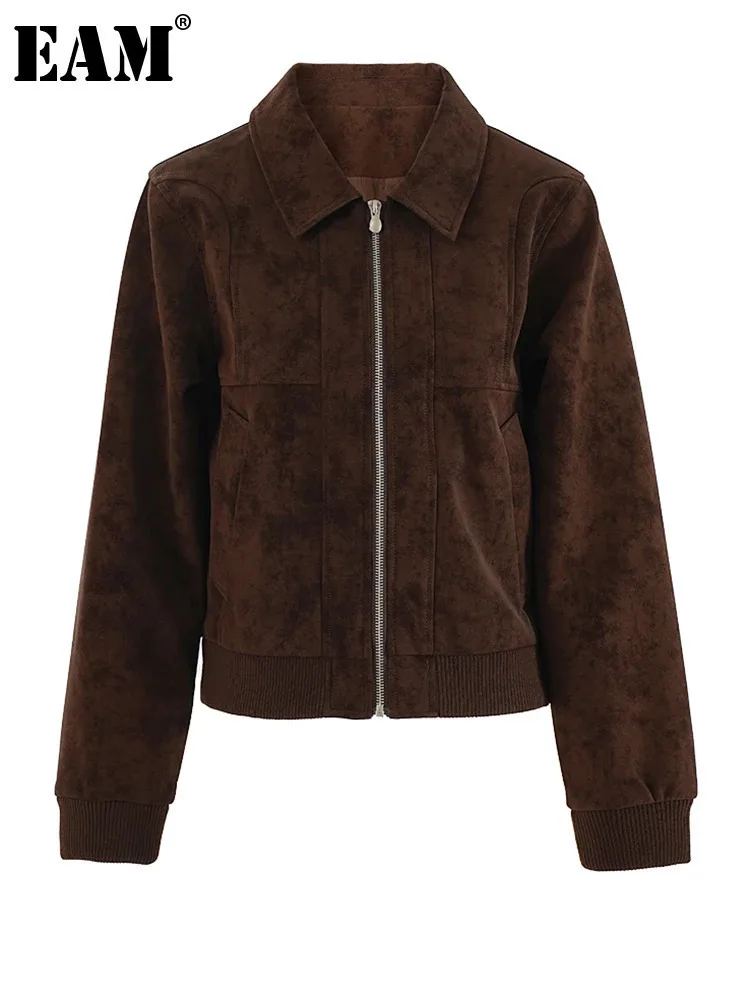 [EAM] Brown Suede Big Size Casual Short Jacket New Lapel Long Sleeve Women Coat Fashion Tide Spring Autumn 2024 CPG2239