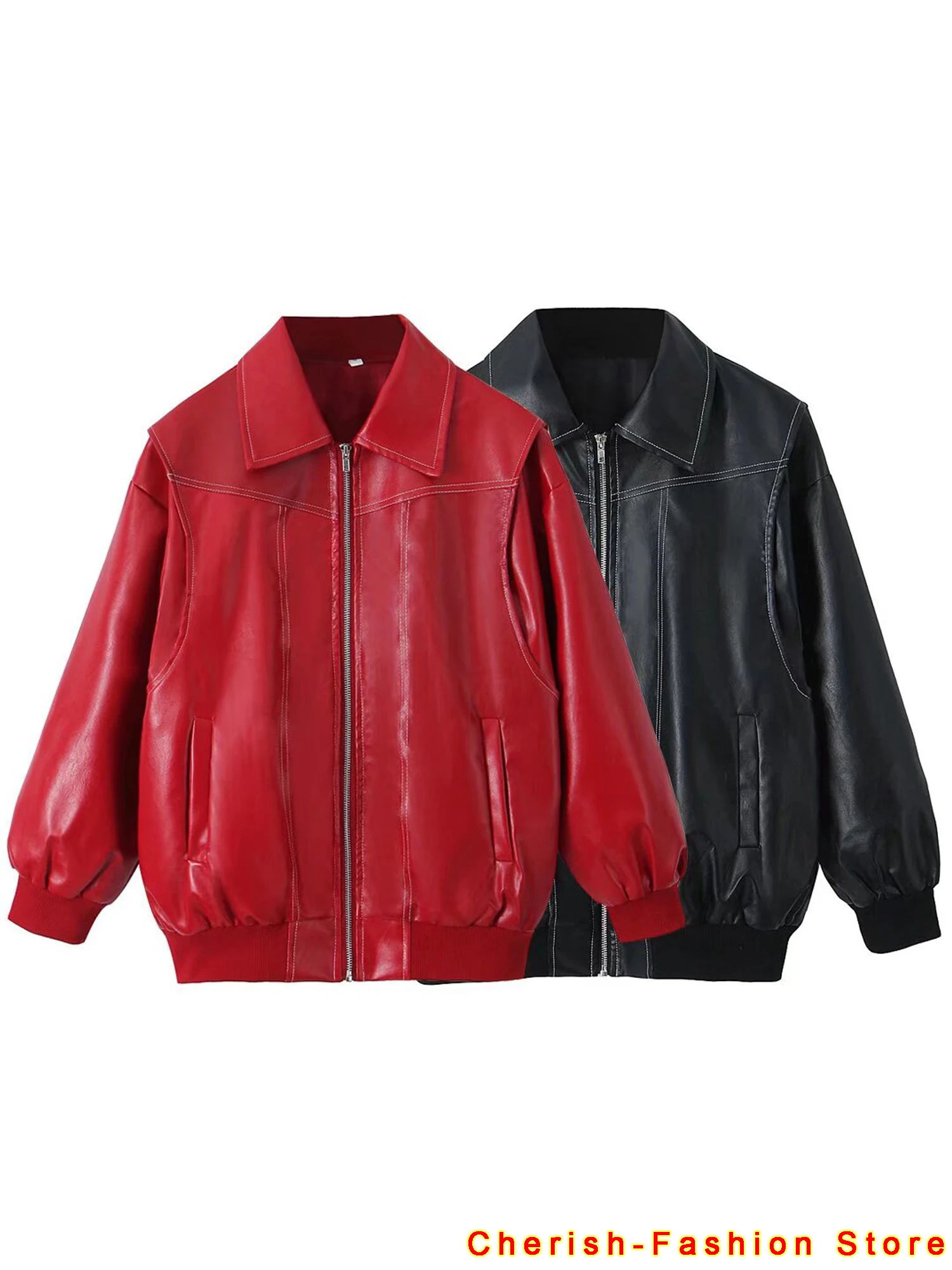 2024 New Red Black Leather Jacket Women Winter Long Women's Moto Biker Zipper Jacket Streetwear Brand Coat Loose Women's Coat