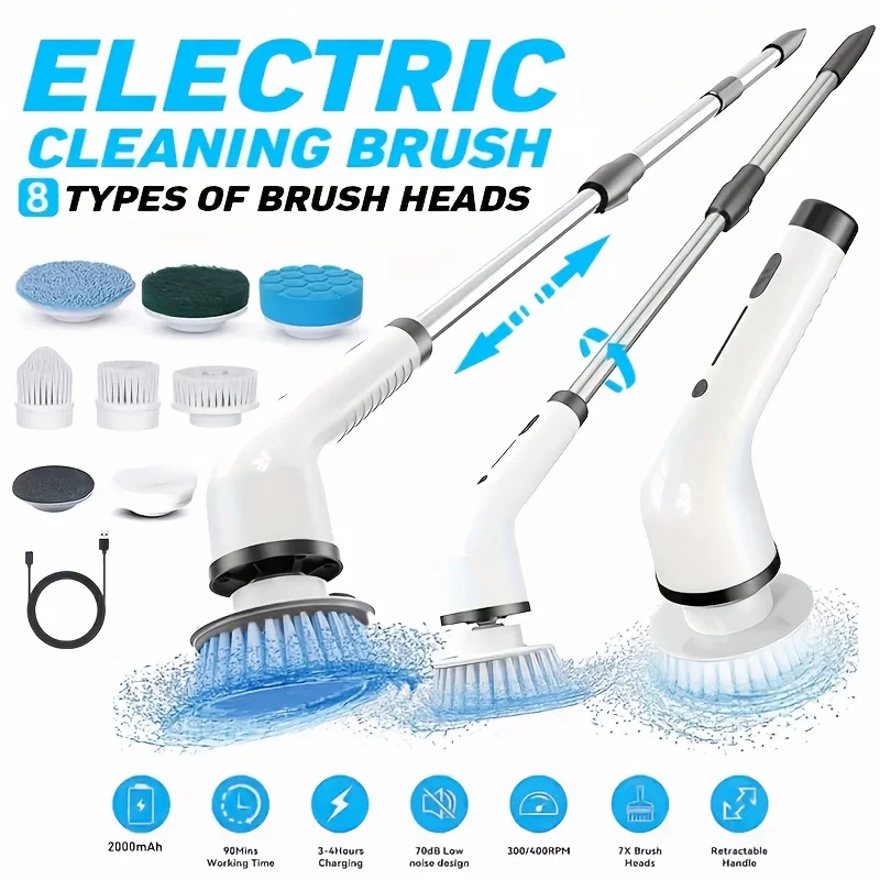 

Беспроводная вращающаяся щетка-скруббер с LED-индикатором заряда батареи – 9 насадок, 4 режима, удлиняемая ручка для уборки ванной, кухни и плитки