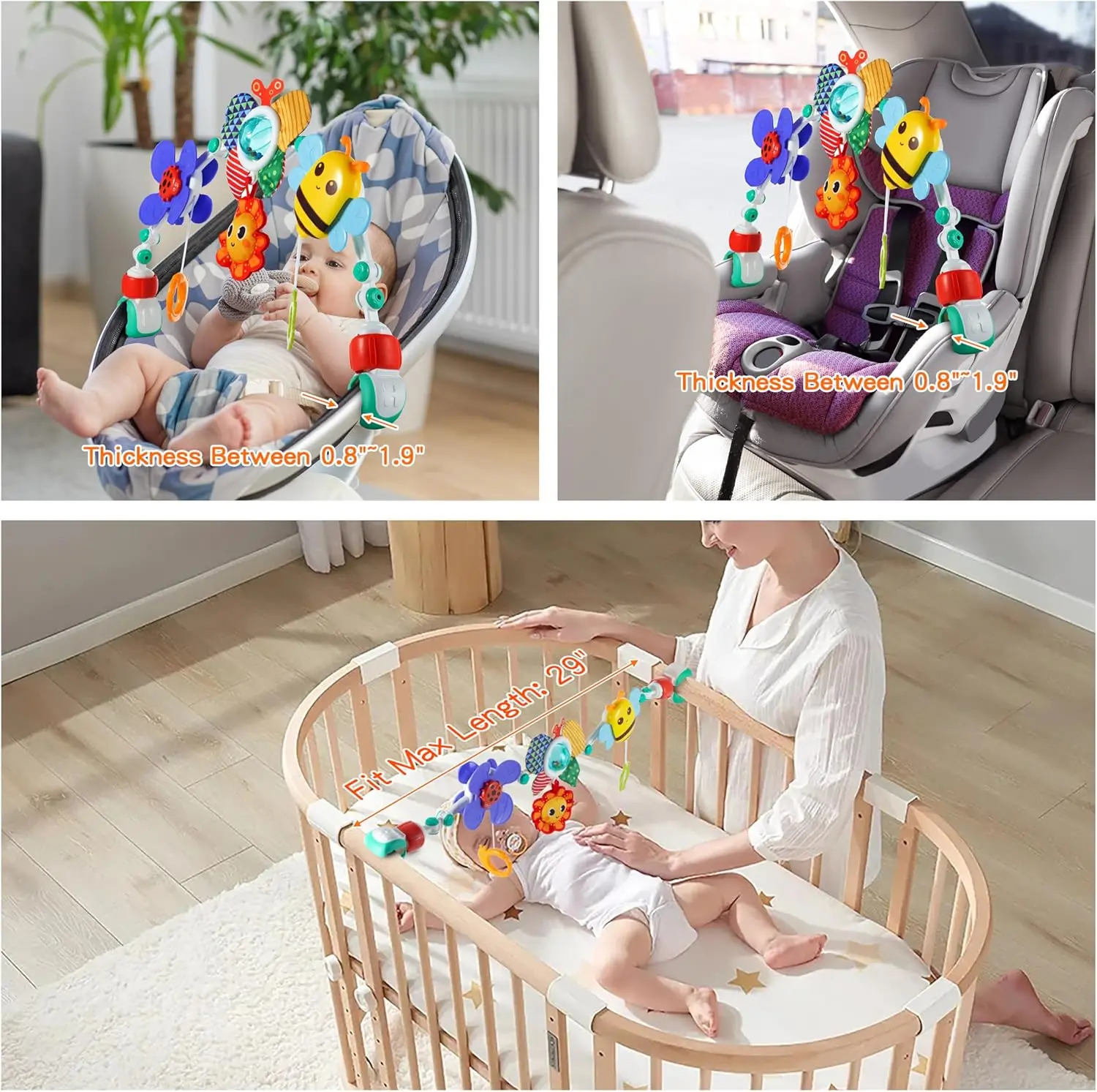 1 brinquedo de arco ajustável premium multiuso com bonecas penduradas, serve para berço e carrinho, desenvolve os sentidos do bebê e a coordenação dos membros.