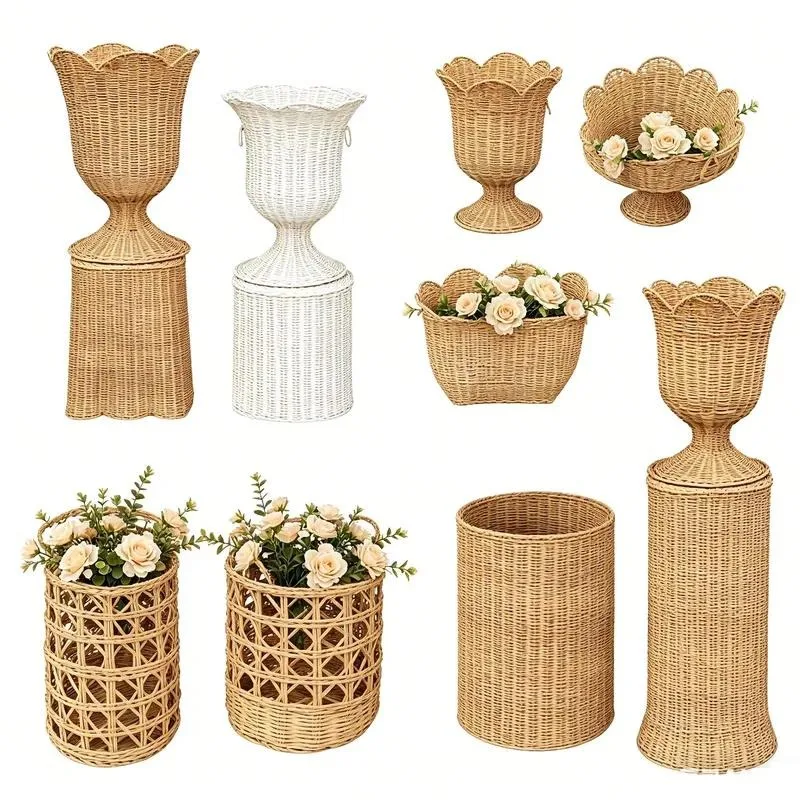 Handmade Wicker Rattan Resin Dried Flower Fan Vase Pot Base for Wedding Home Decor