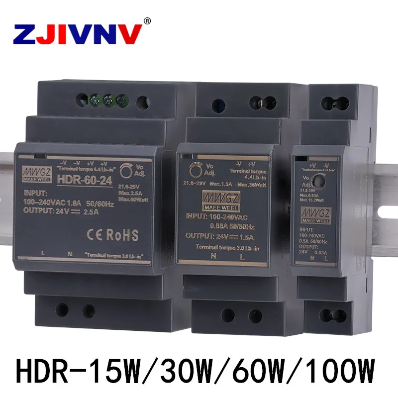 Din Rail Mounted Switching Power Supply HDR-15/30/60/100W 5V 12V 24V 48V Input  AC100-240V Mini Size smps