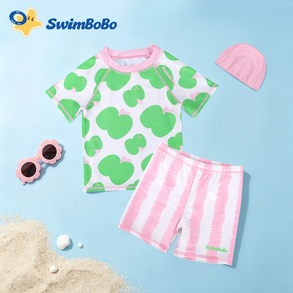 Girls Rash Guard Swim Set Two Piece UPF 50+ Sun Protection Short Sleeve Kids Swimsuit Quick Dry Beach Swimwear with Cap Summer