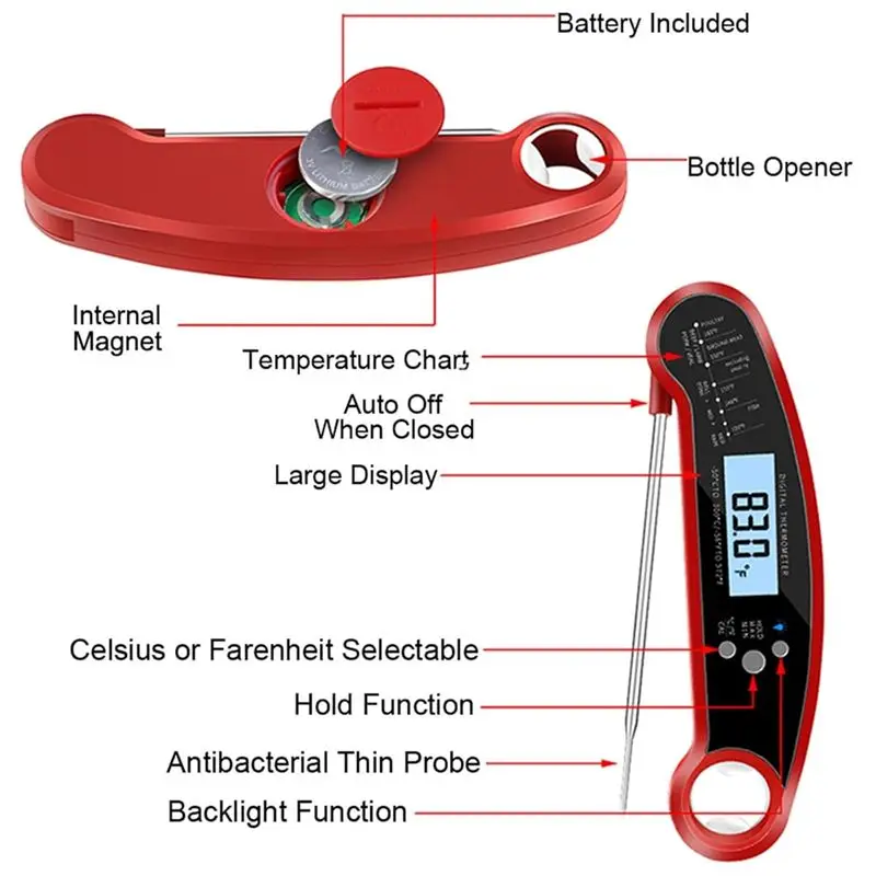 ABUN Digital Meat Thermometer, Instant Read Food Thermometer for Cooking, Waterproof Backlit with Bottle Opener, BBQ Kitchen