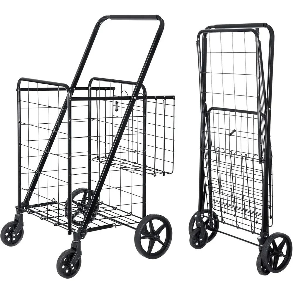 

Folding Shopping Cart with Wheels and Double Basket for Groceries Laundry Book Luggage Travel, Black