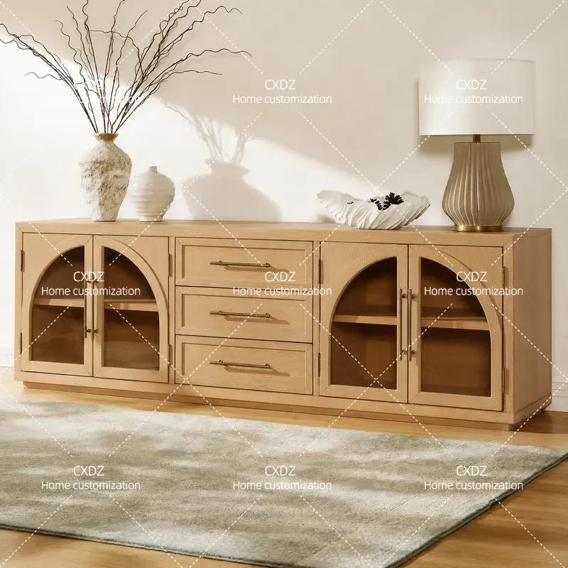 Retro TV Cabinet Living Room Storage Integrated Solid Wood Multi Functional Entrance Chest