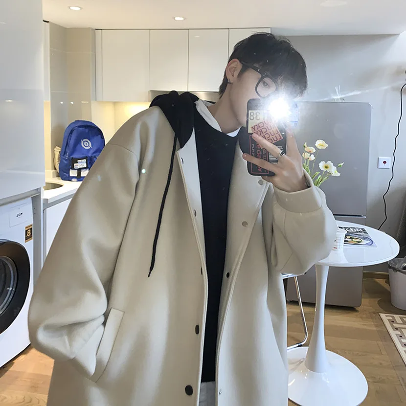 

Men's Woolen Coat Spring Autumn Loose Fit Hong Kong Sle Windbreaker Long Coat with Hood Youthful Vitali Warmth Guaranteed