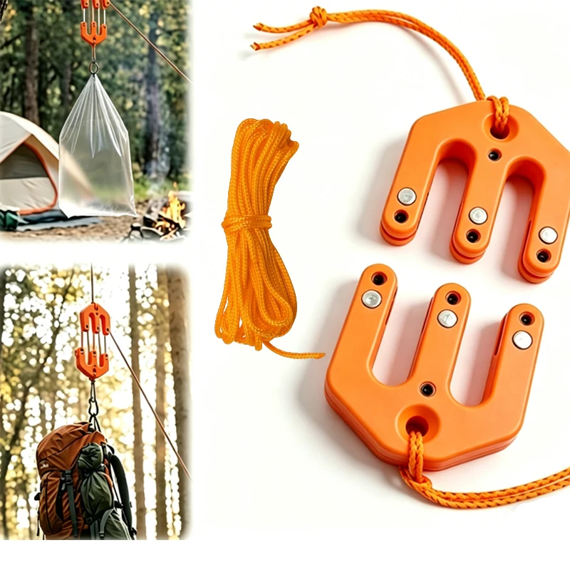 Pulleys Hoist with Strap Weatherproof Portable Block and Tackle Pulleys System for Hunting Pulling Field Dressing Camping Hiking