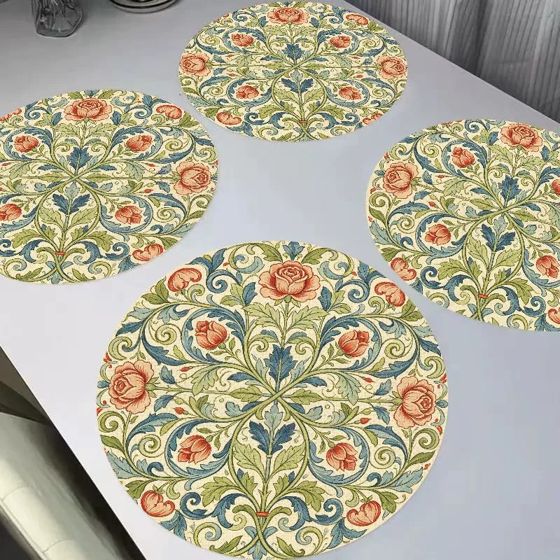 VIKAMA Retro Morris Deep Bottom Rose Lily Round Linen Placemats, Heat Resistant Wear-Resistant for Table Decoration