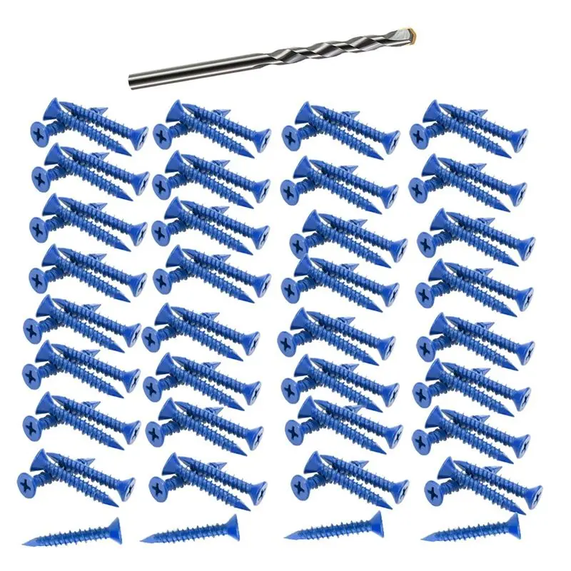 Happy New- 100 PCS 3/16 Inch X1-1/4 Concrete Screw Anchor Blue Flat Heads For Anchoring To Masonry, Block Or Brick Stucco