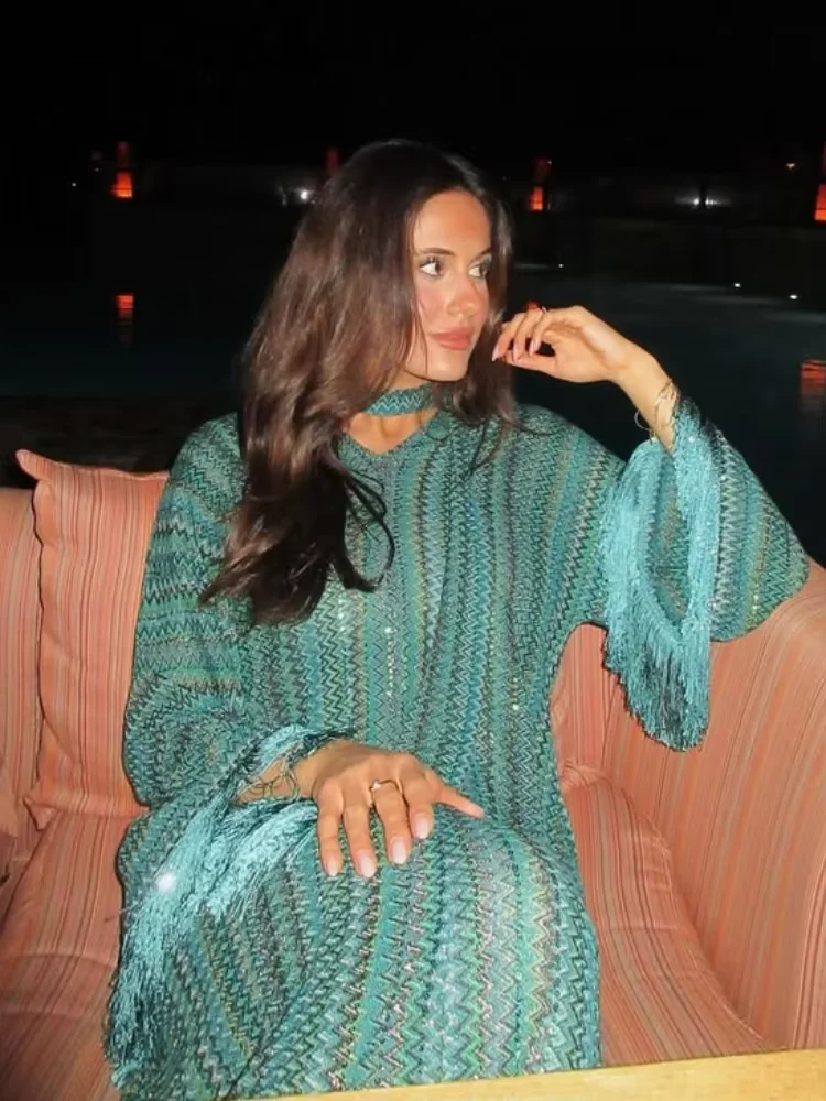 

Fashion Tassel Printed Long Dress Women's Elegant V-neck Long Sleeves Striped Robes 2025 Summer Lady Vacation Party Evening Gown
