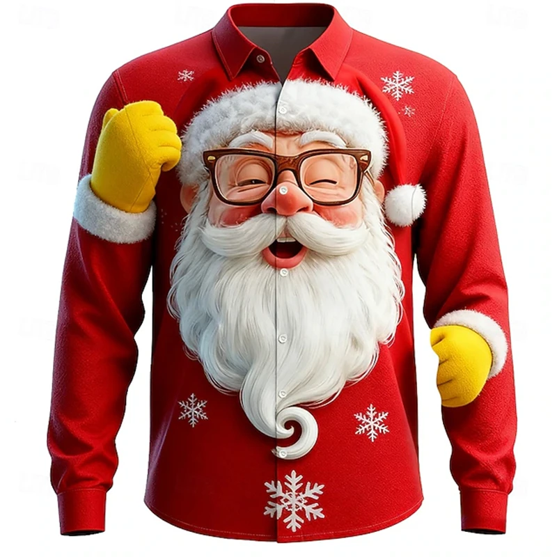 2025 جديد الرجال ثلاثية الأبعاد نمط طويل الأكمام قميص الشارع نمط سانتا كلوز متعة الوجه طباعة تصميم طويل الأكمام قميص الخريف قميص غير رسمي